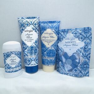 4 Pc Amber Glow AQUA BLUE Bath Body Set Lotion Deodorant Body Scrub Bath Bomb
